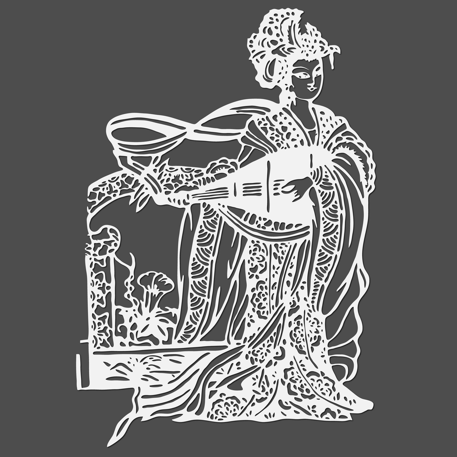 Un dessin en noir et blanc d'une femme en costume traditionnel jouant d'un instrument de musique.