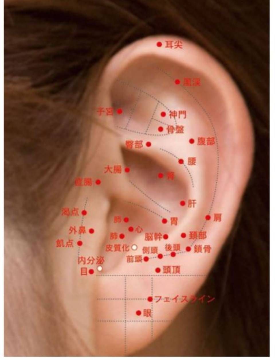 Un gros plan de l'oreille d'une femme avec une écriture chinoise dessus