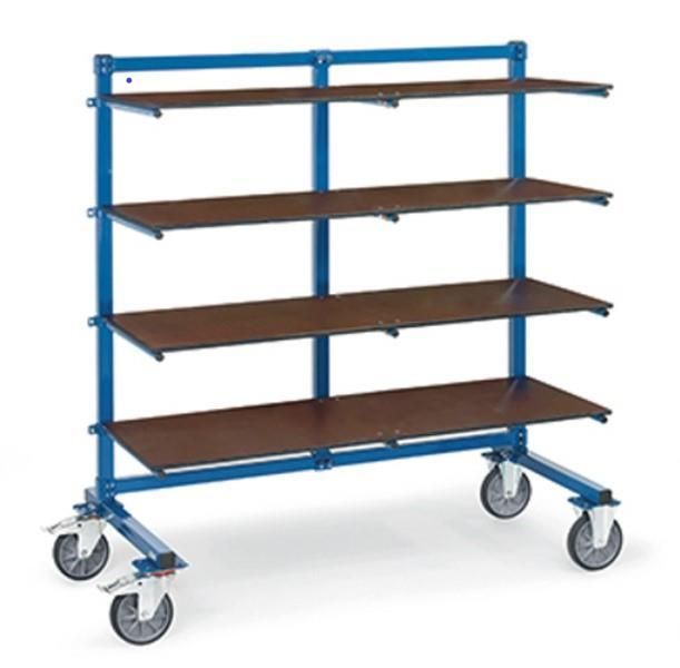 Ein blauer Wagen mit vier Regalen und Rädern