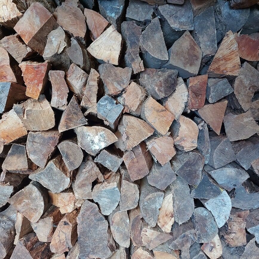 Pilha de lenha cortada de forma irregular, em vários tons de marrom e cinza.