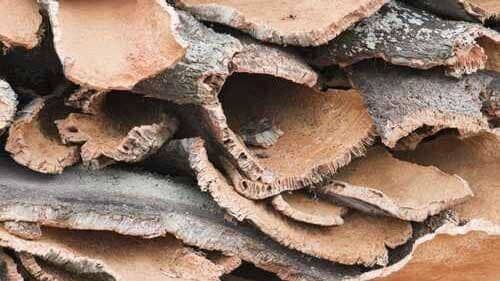 Pilha de casca de cortiça bege e cinza com superfícies ásperas e texturizadas.