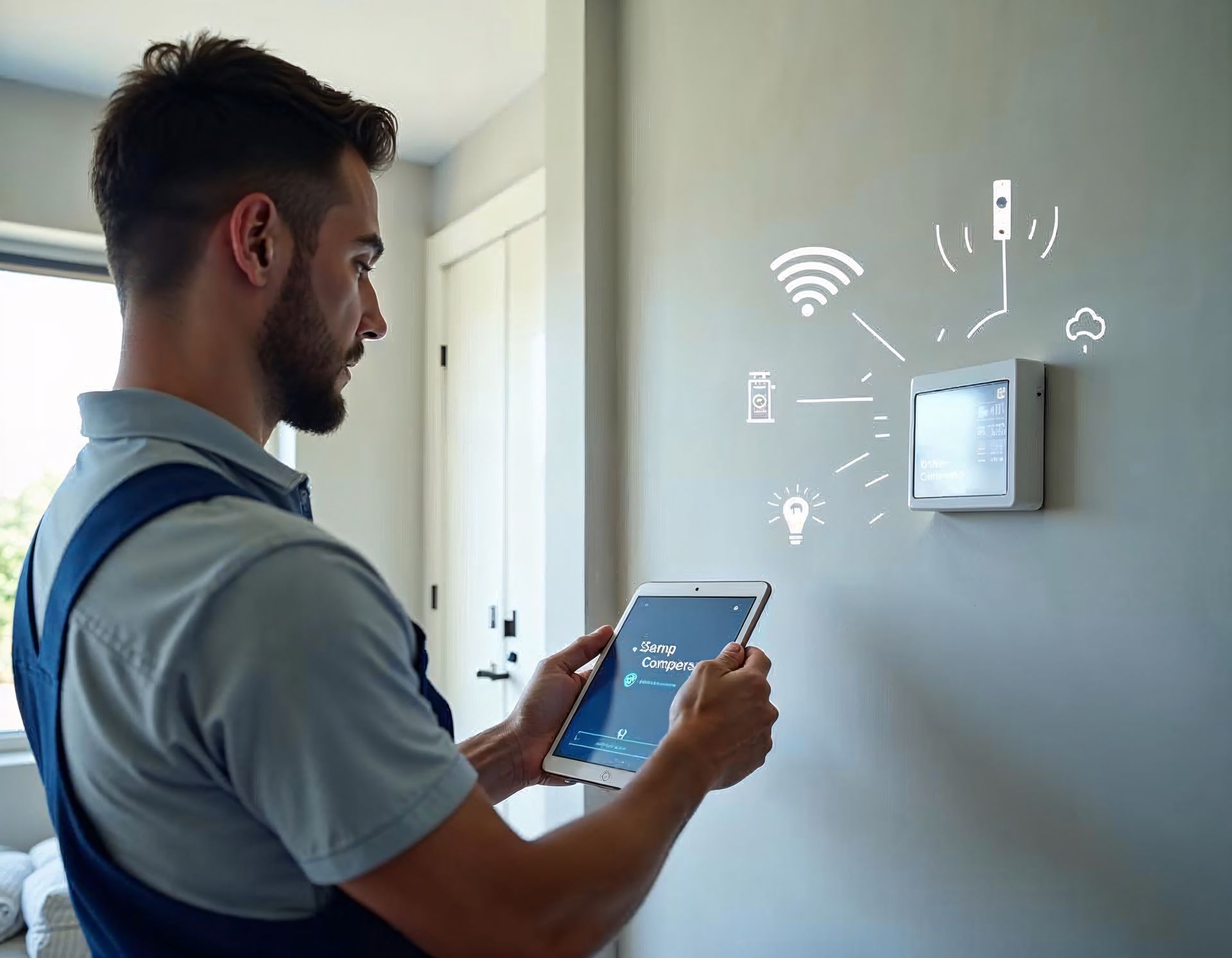 Un technicien, tablette à la main, règle un panneau de commande domotique mural comportant des icônes graphiques pour les appareils connectés.