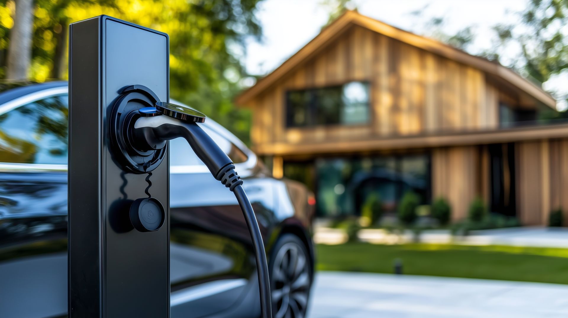 Un véhicule électrique noir en charge à une borne stationnée devant une maison moderne en bois.