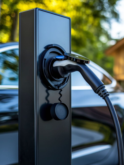 Une borne de recharge pour véhicule électrique branchée à une voiture en extérieur.