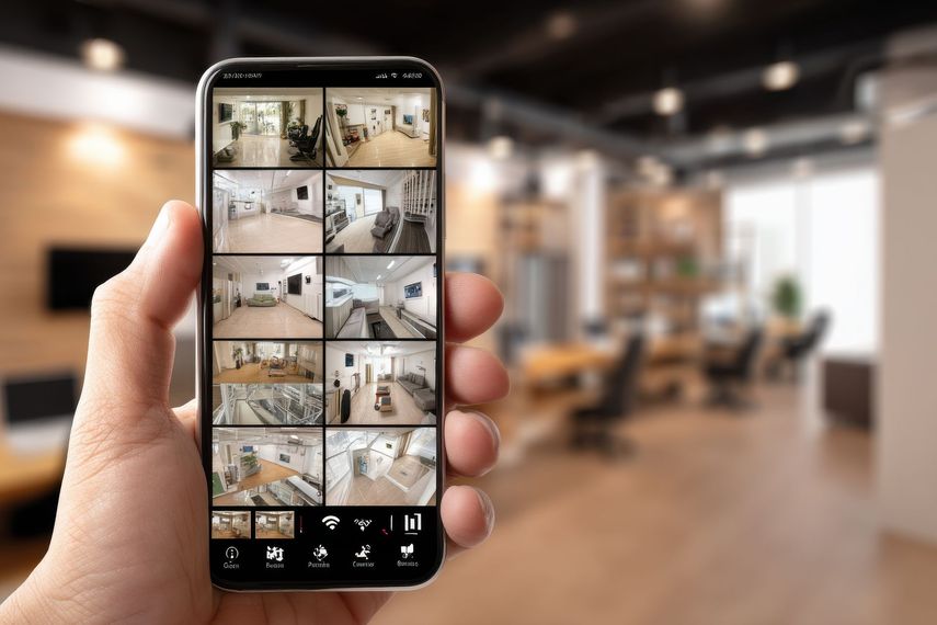 Une main tient un smartphone affichant l'image d'un système de sécurité domestique à 10 caméras, dans un espace de bureau flou.
