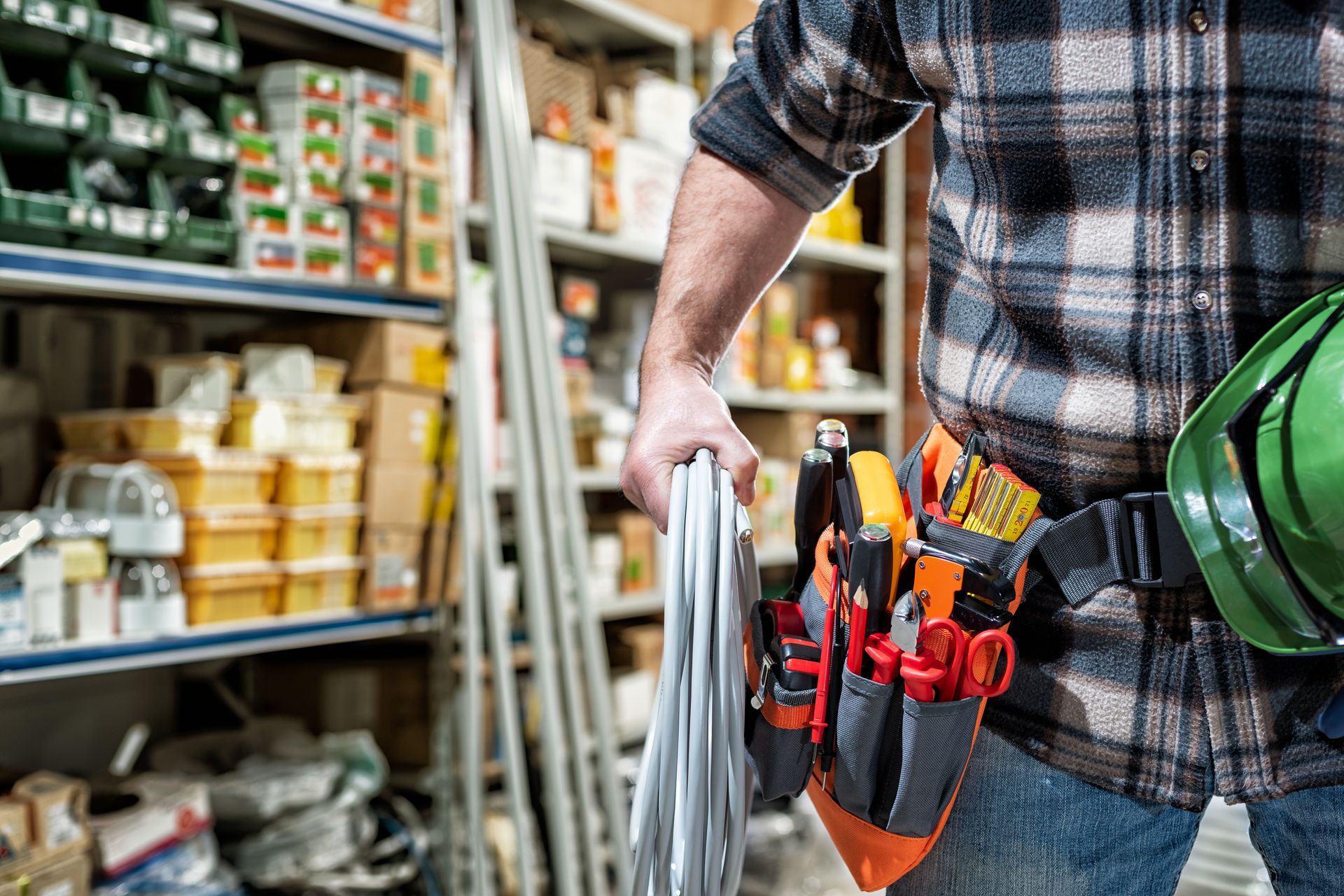 Dans une quincaillerie, un ouvrier du bâtiment en chemise à carreaux transporte un rouleau de fil de fer tout en portant une ceinture à outils.