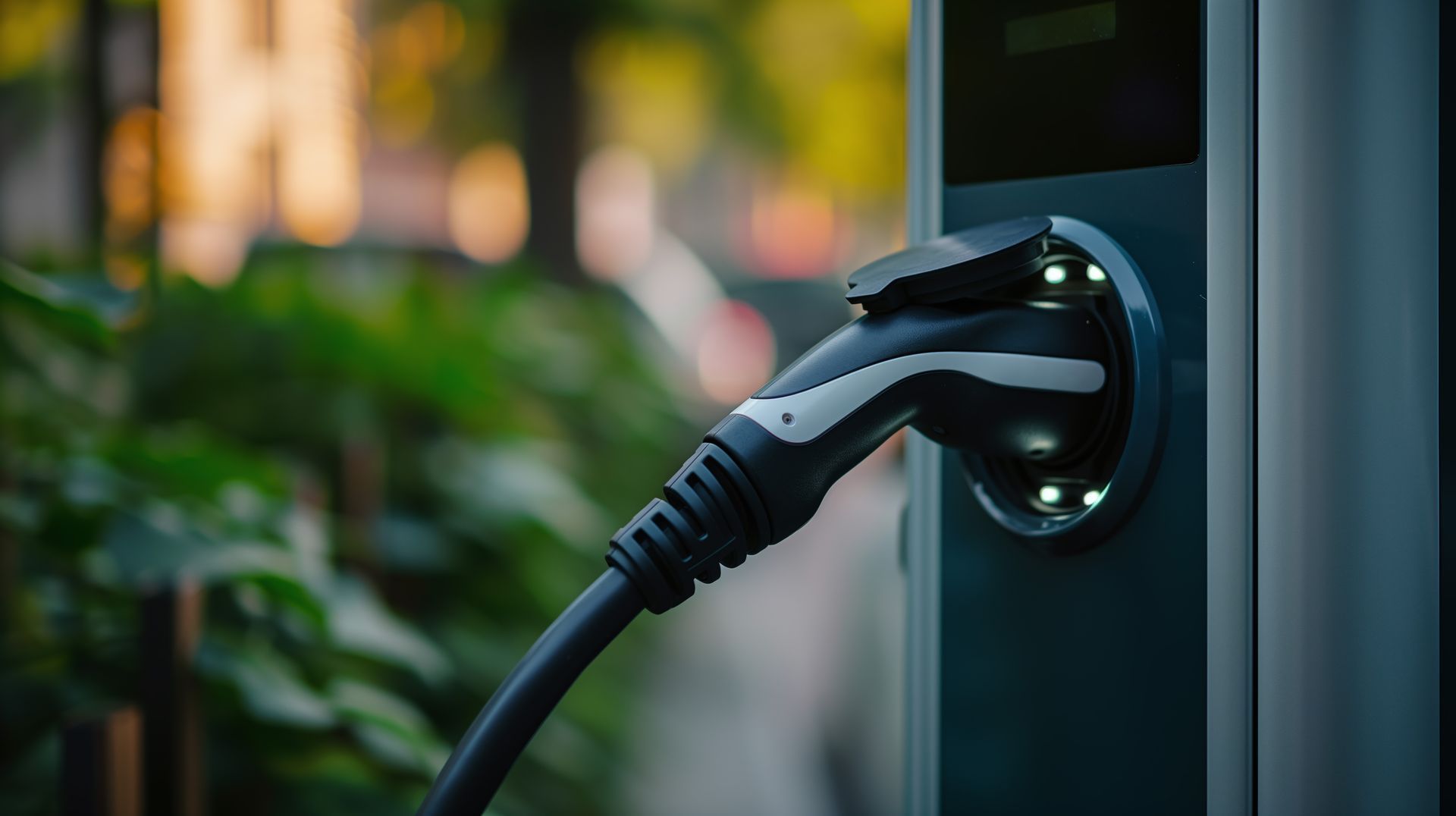 Une prise de recharge pour véhicule électrique connectée à une borne de recharge publique en extérieur, avec une végétation verte floue à proximité.