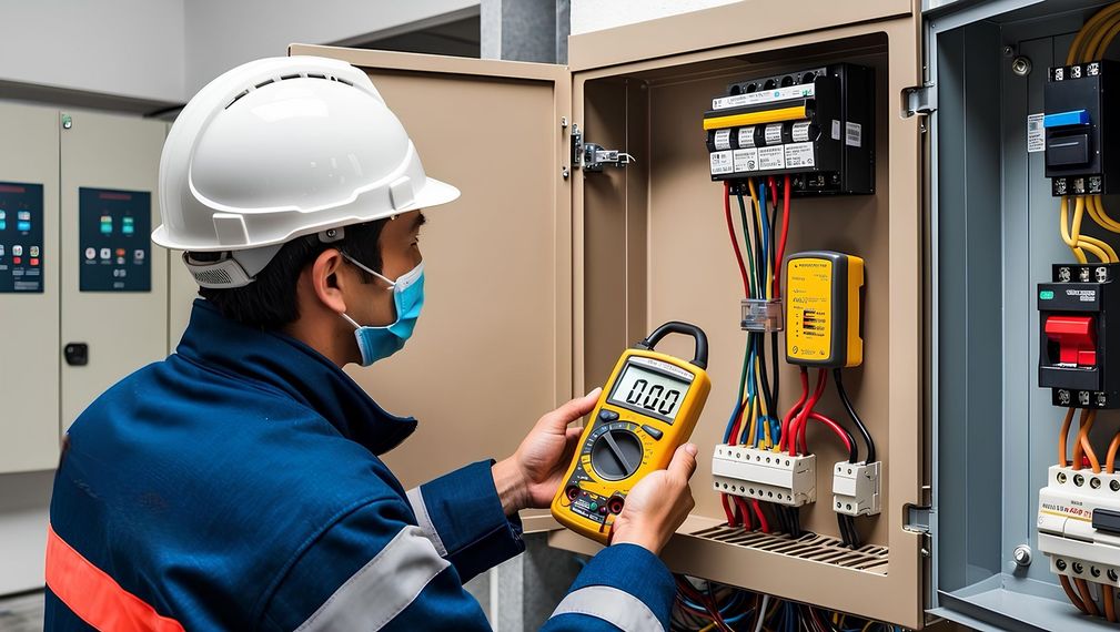 Une personne portant un casque de chantier et un masque utilise un multimètre numérique pour tester les fils d'un tableau électrique ouvert.