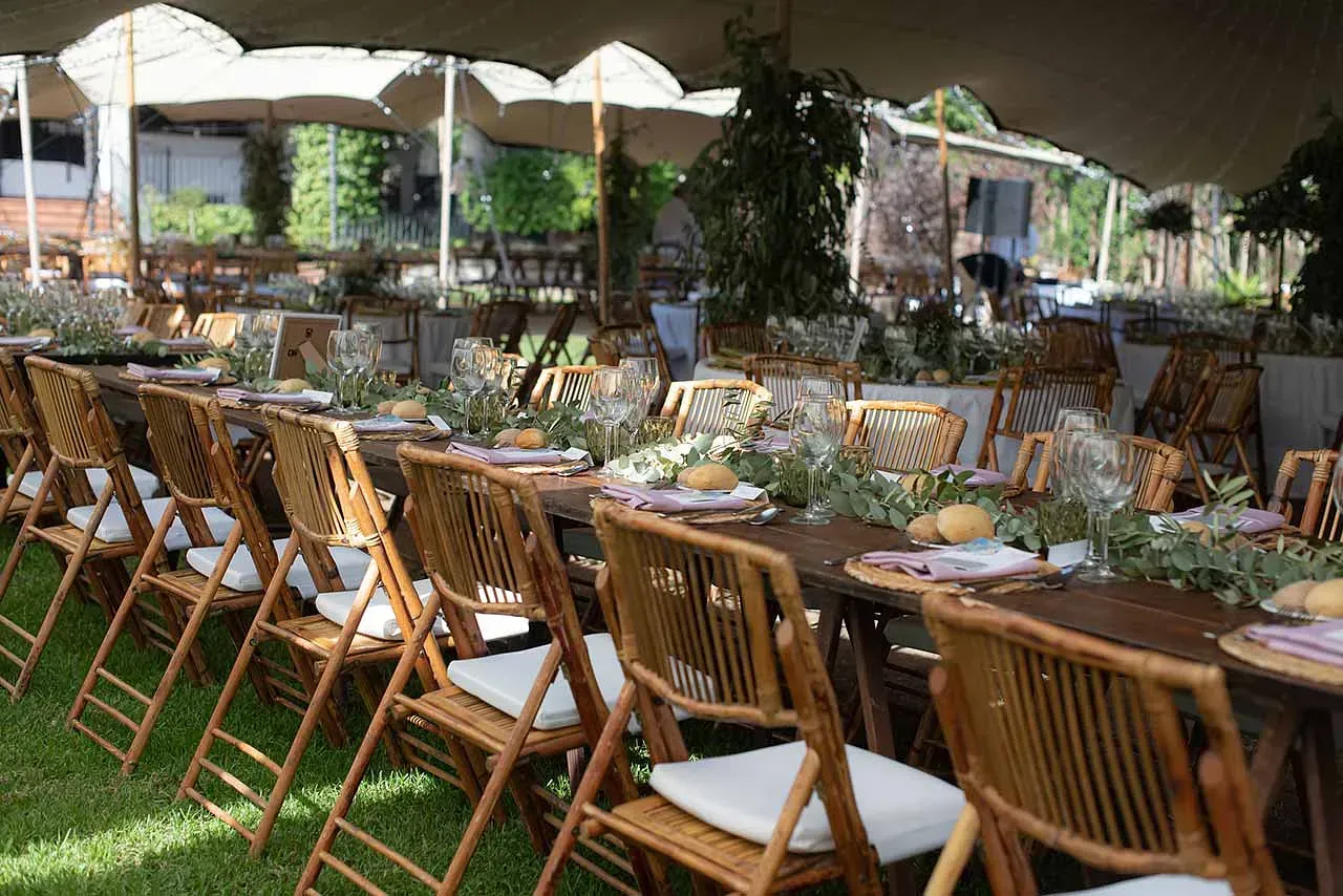 Una fila de sillas plegables de madera colocadas una al lado de la otra en un exuberante campo verde.