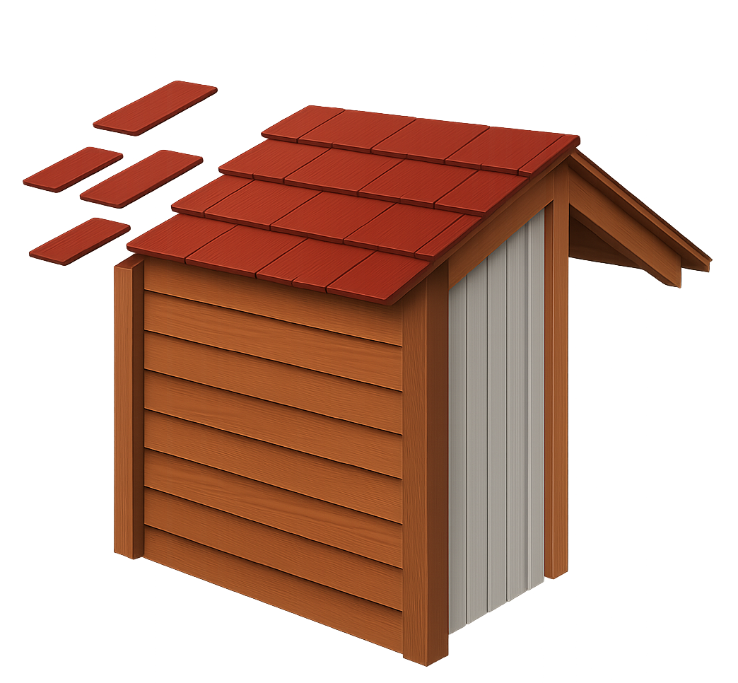 Un hangar en bois avec un toit de tuiles rouges