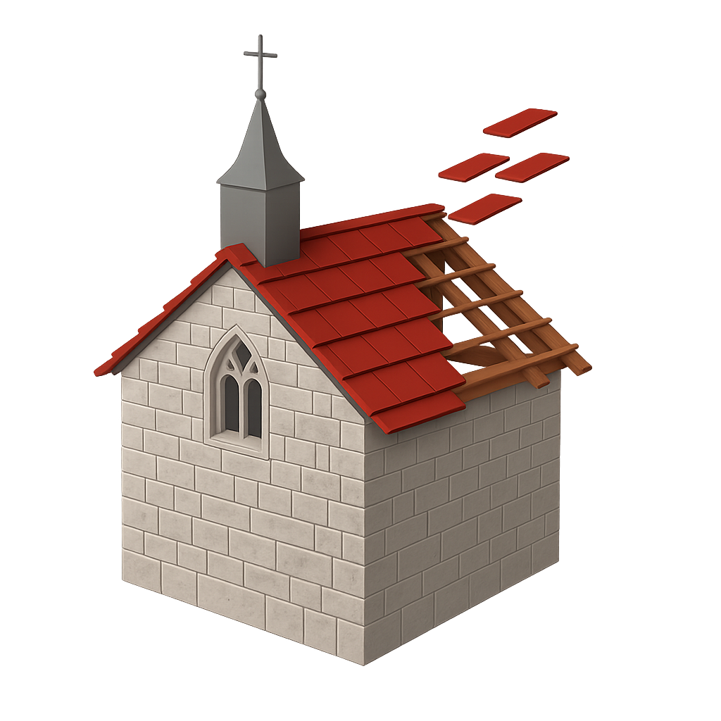 Une église avec un toit de tuiles rouges et une croix au sommet