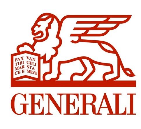 Logotipo rojo de seguros Generali: león alado sosteniendo un libro con inscripción en latín.