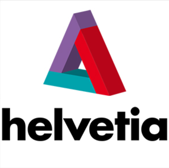 Logotipo de Helvetia: un triángulo 3D en violeta, rojo y verde azulado sobre la palabra 