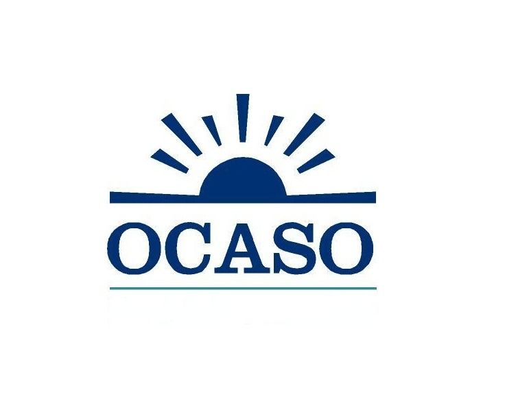 Logotipo de OCASO: Sol azul oscuro sobre la palabra OCASO en fuente azul, con una fina línea horizontal debajo.