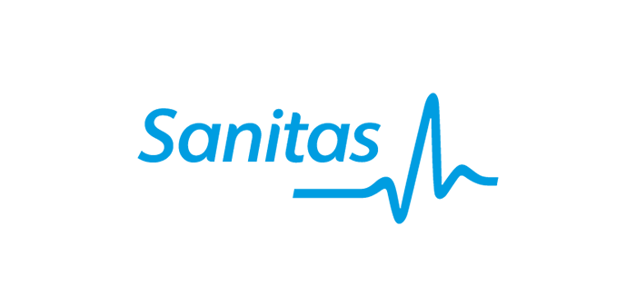 Logotipo de Sanitas en color azul claro con gráfico de latidos del corazón.