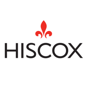 Logotipo de Hiscox: texto negro con un ícono de flor de lis roja.