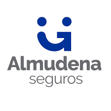Logotipo de la compañía de seguros Almudena Seguros: carita sonriente de color azul con 