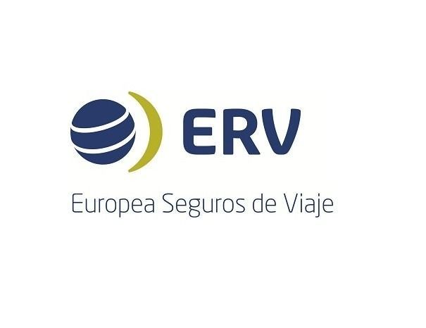 Logotipo de ERV (Seguros de Viaje Europeos) con un globo terráqueo azul y una media luna amarilla. Texto: Europa Seguros de Viaje.