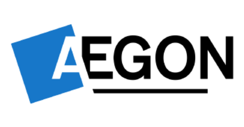 Logotipo de AEGON con cuadrado azul y texto negro sobre fondo blanco.