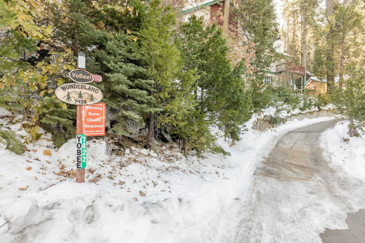 Snowy road with a signpost; driveway leading up to a cabin in a forest.