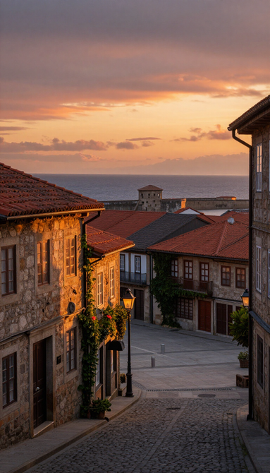 Calle empedrada en un pueblo costero al atardecer, con tejados de tejas rojas y un cielo anaranjado cálido.