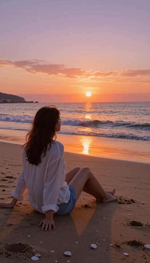 Una persona sentada en una playa de arena al atardecer, contemplando el océano y el horizonte resplandeciente.