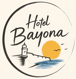 Logotipo del Hotel Bayona con faro, puesta de sol y pincelada circular negra.