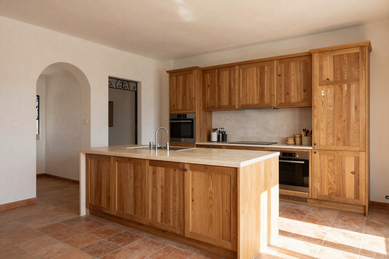 Cocina moderna con muebles de madera a medida en una vivienda de Alcobendas