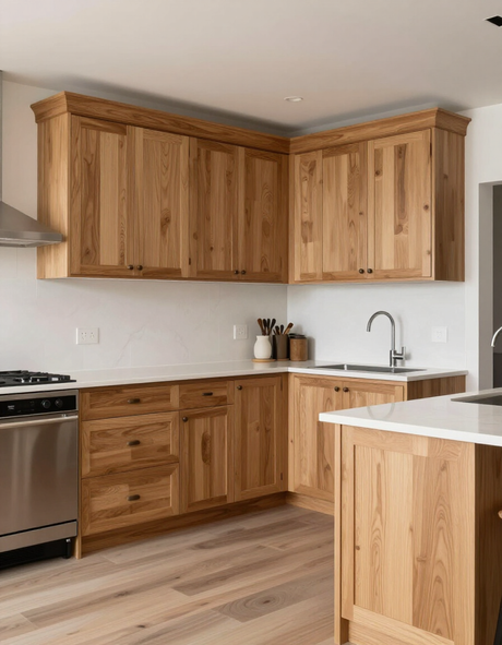 Cocina de madera a medida con muebles de roble y acabados modernos