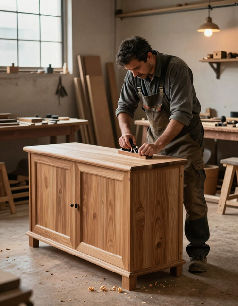 Carpintero artesanal trabajando un mueble de madera maciza en el taller de Alfenadecor