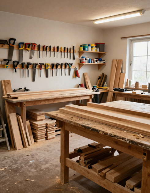 Interior del taller propio de Alfenadecor en Alcobendas con herramientas y tablones de madera