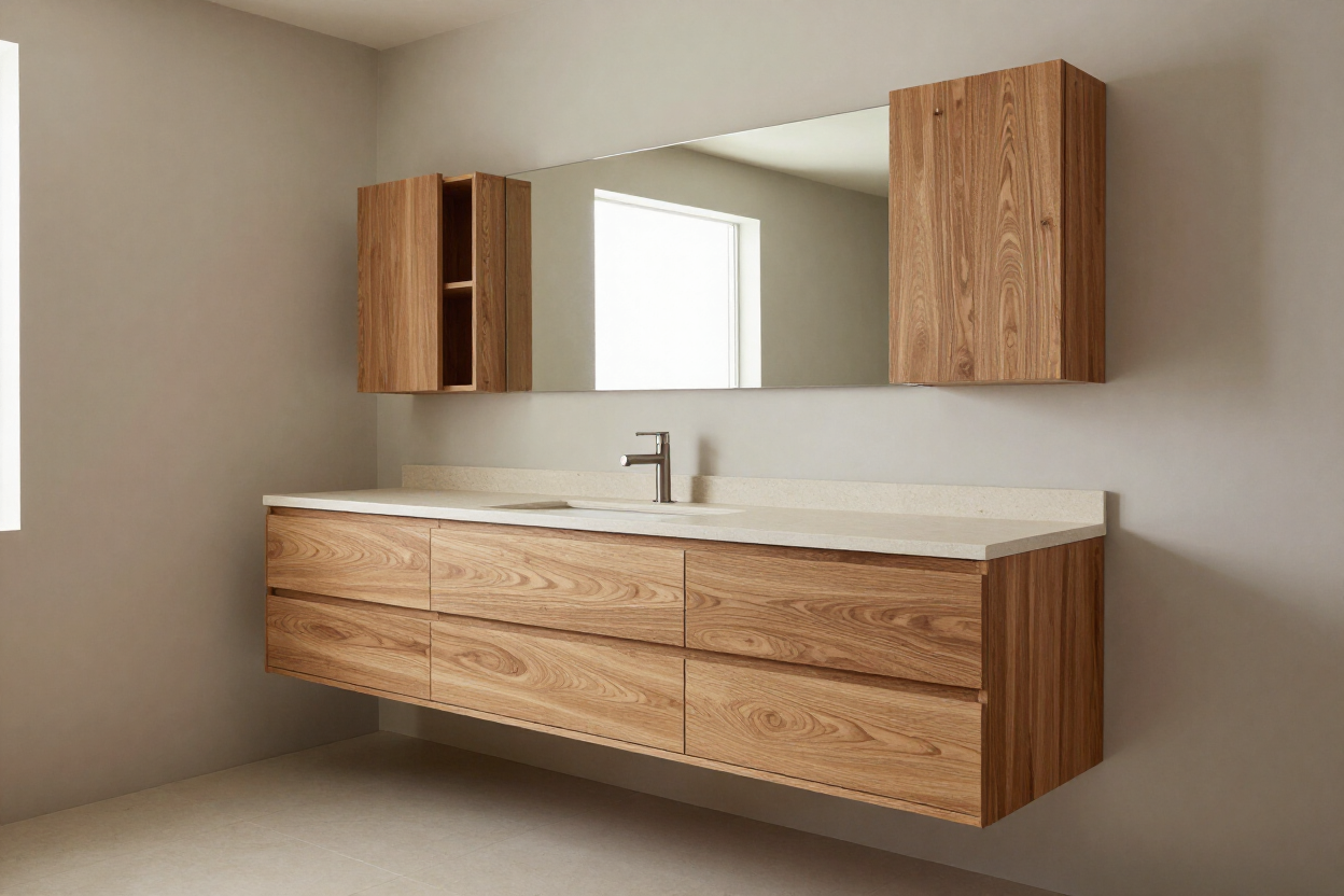 Baño moderno con mobiliario de madera a medida