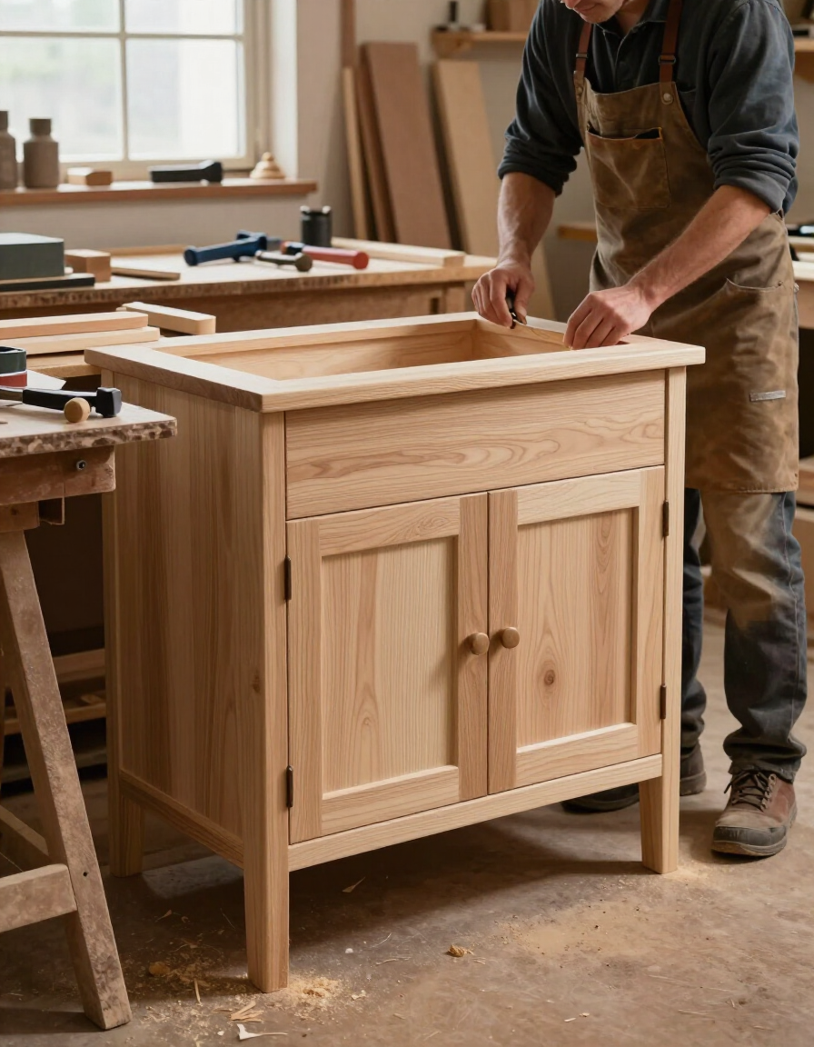 Mueble de baño de madera a medida fabricado en el taller de Alfenadecor