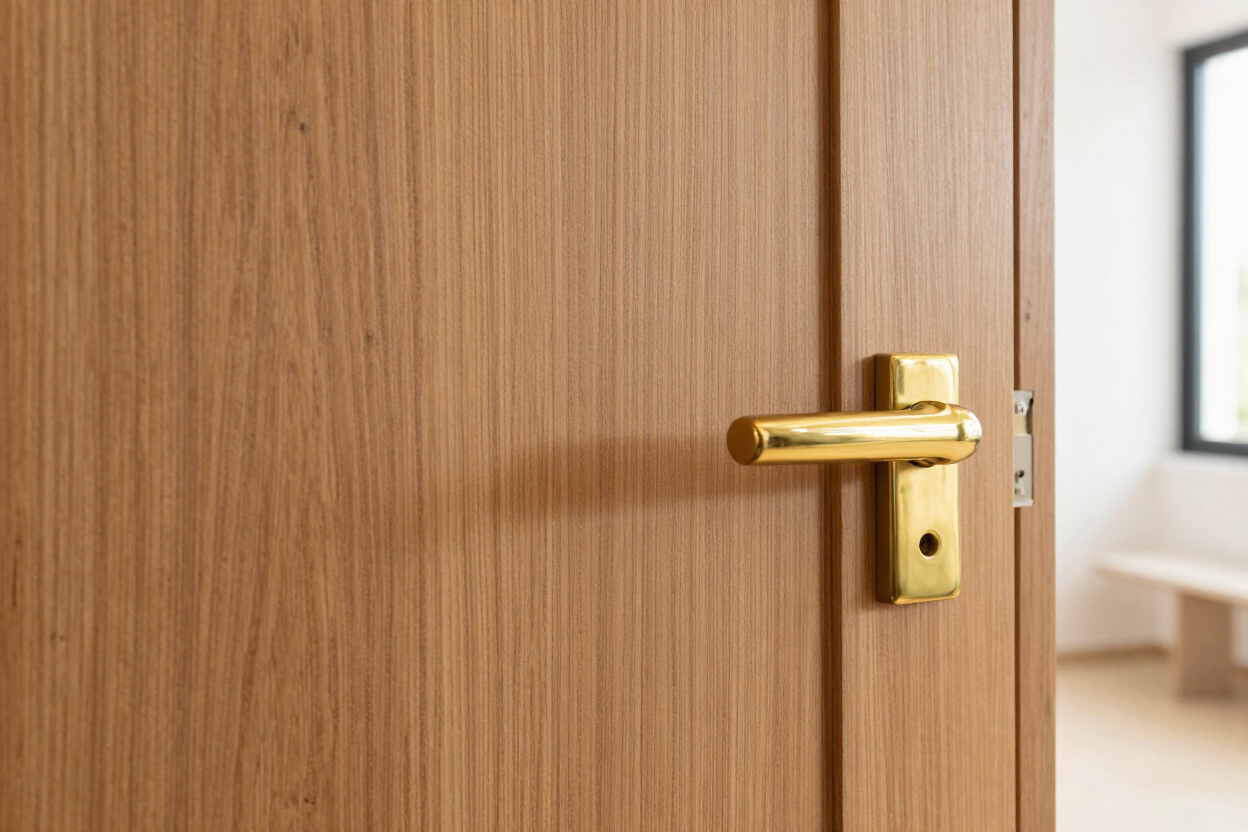 Detalle de puerta de roble con tirador de latón en una vivienda de Madrid