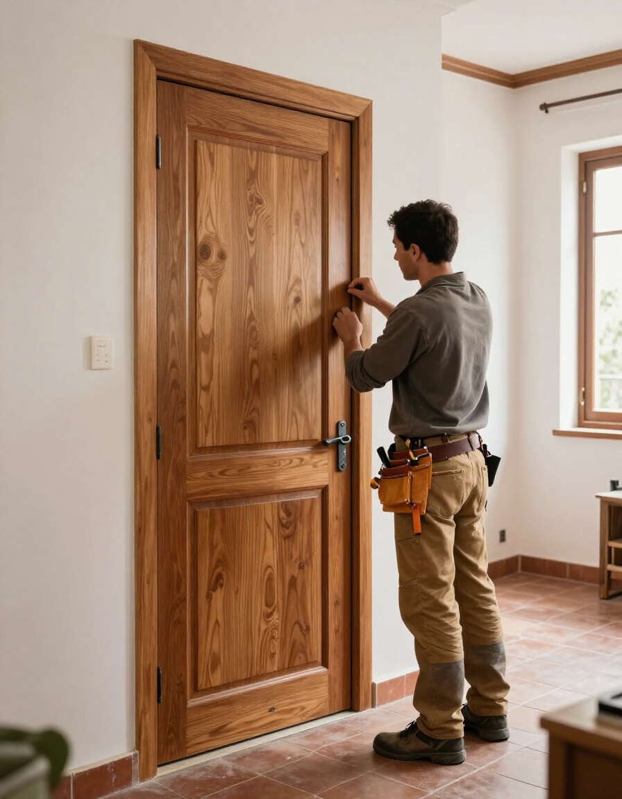 Carpintero instalando una puerta de madera maciza en un pasillo de vivienda en Alcobendas