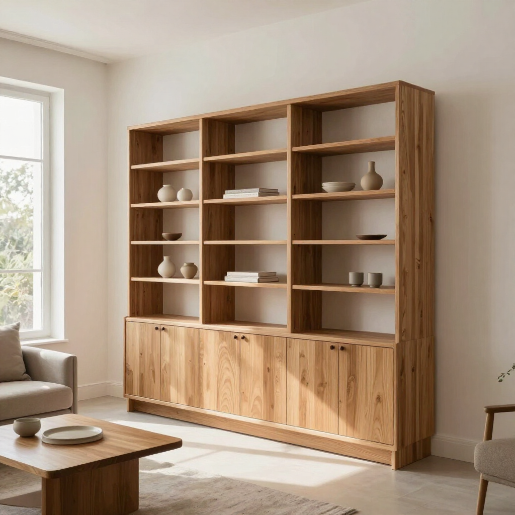 Mueble a medida de madera en un salón luminoso de Alcobendas