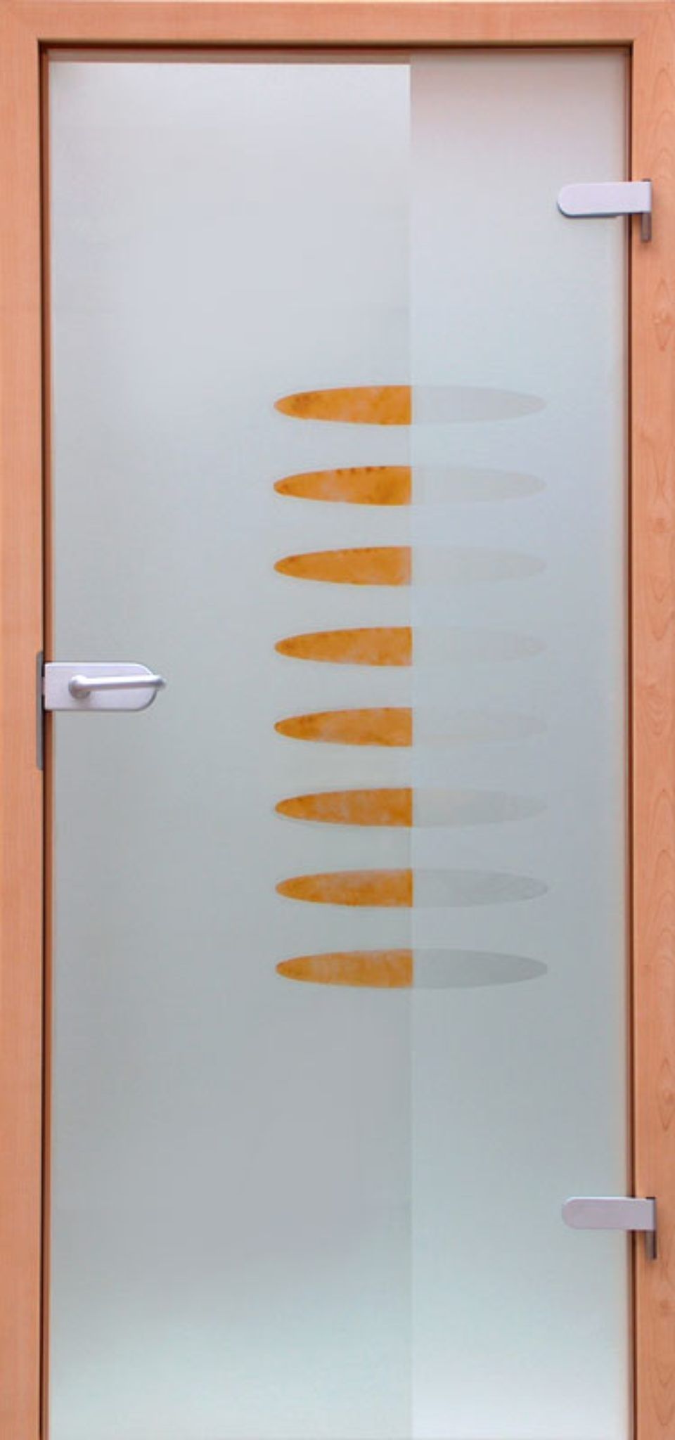 Glastür aus Milchglas mit orangefarbenem Muster