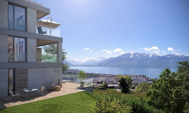 Vue d'artiste d'un bâtiment avec vue sur un lac et des montagnes.