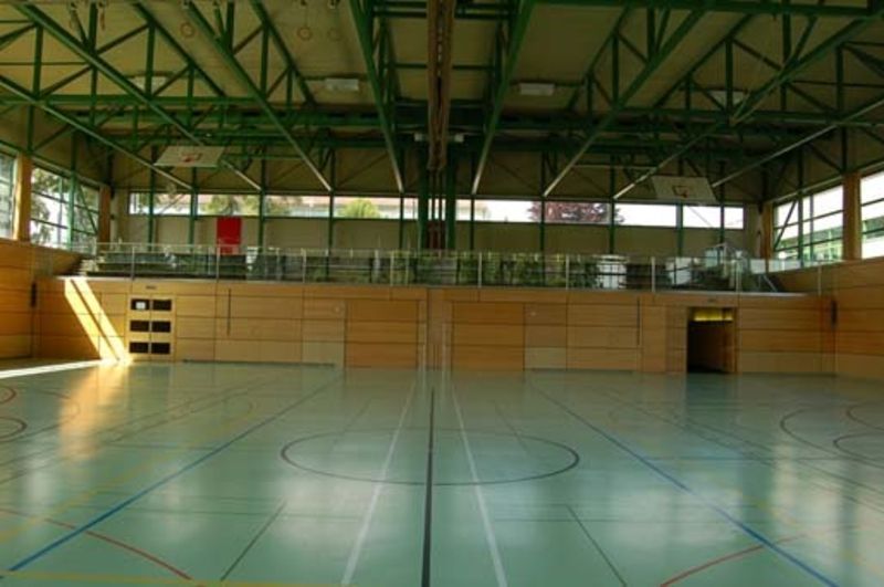 Une salle de sport vide avec un sol vert et un mur en bois