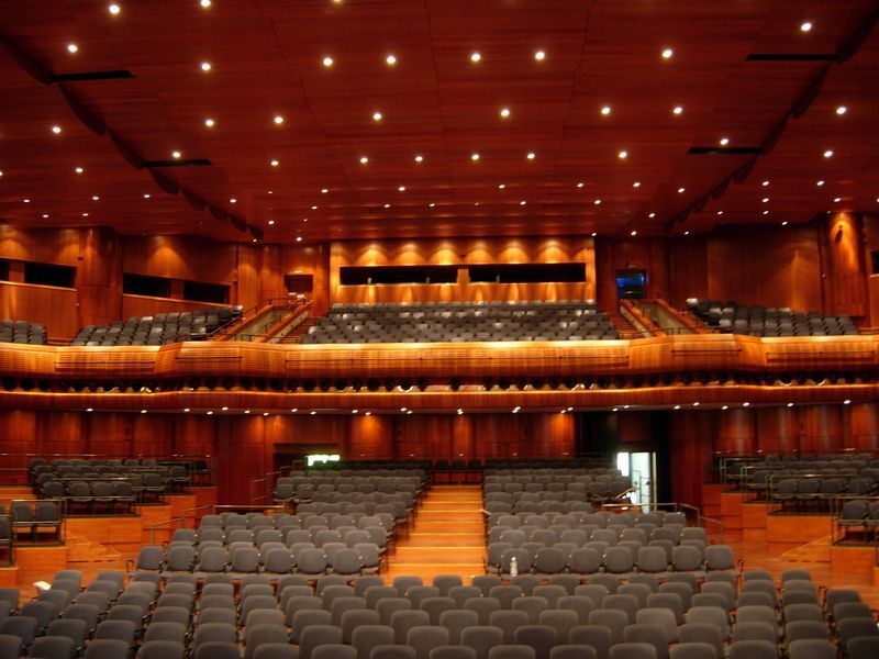 Un grand auditorium avec des rangées de sièges et un plafond en bois