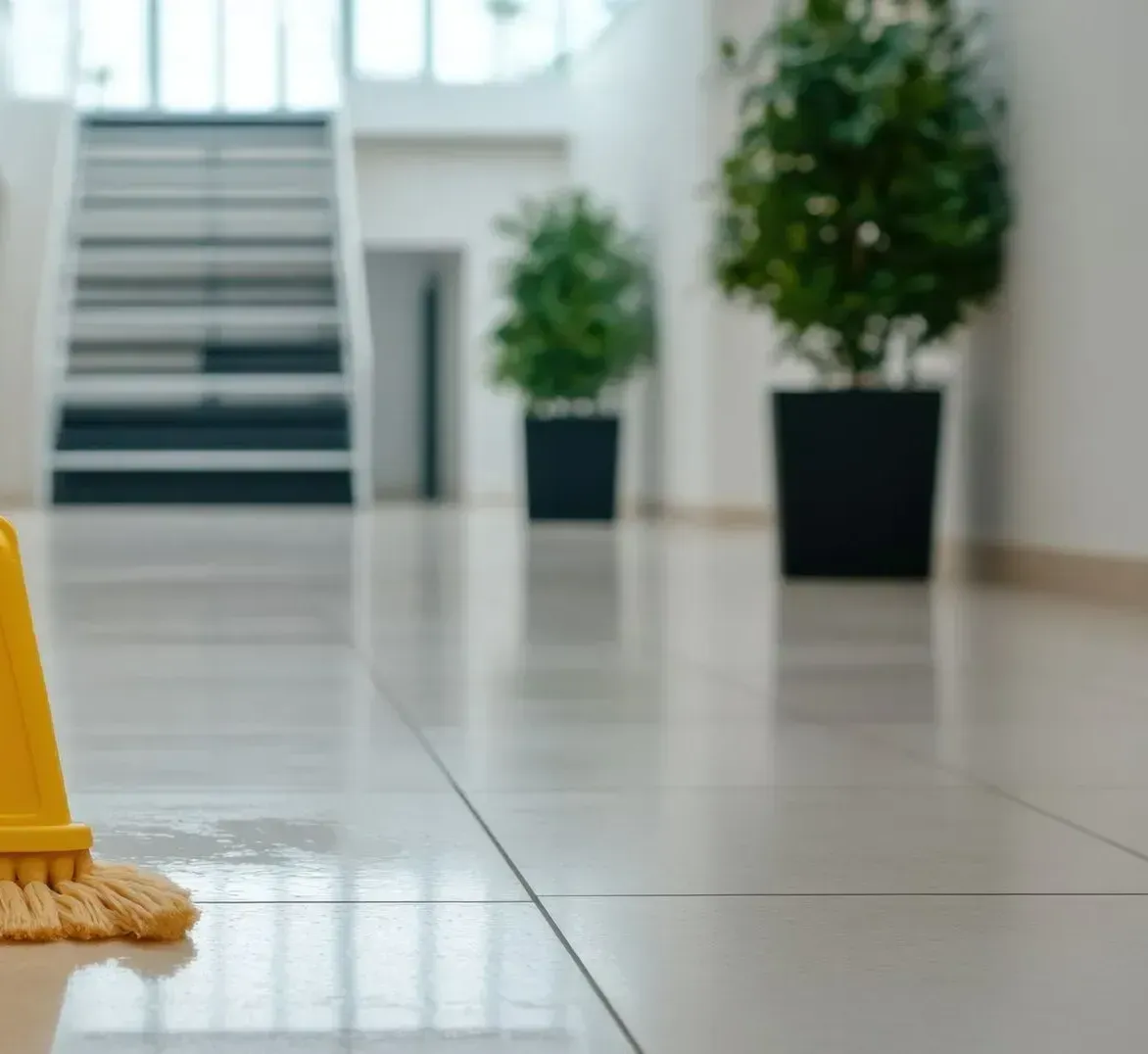 Nettoyage des sols d'une copropriété en gros plan.