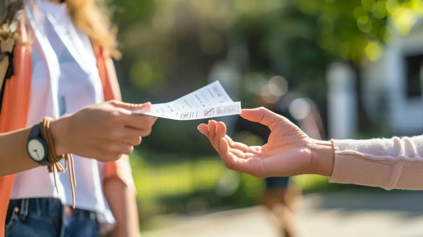 Una mujer le está entregando un trozo de papel a otra mujer.