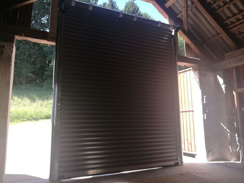 Ein großes Garagentor öffnet sich zu einem üppigen grünen Feld