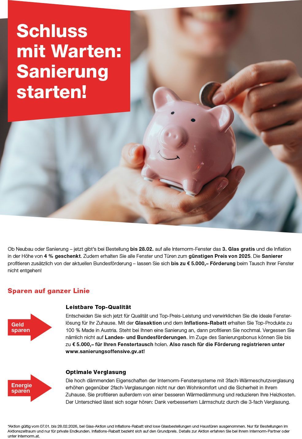 Eine Person wirft eine Münze in ein rosa Sparschwein und schreibt dazu: „Renovierung starten!“ und gibt Tipps zur Renovierung.