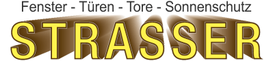 Logo der Firma Strasser, die Fenster, Türen, Tore und Sonnenschutz anbietet. Gelbe Buchstaben auf braunem Grund.