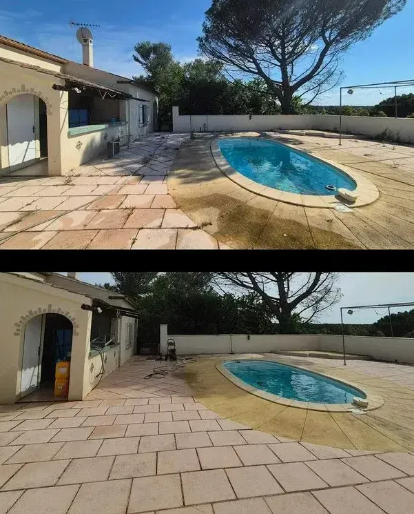 Avant/ après du lavage avec un nettoyage haute pression d'une terrasse autour d'une piscine