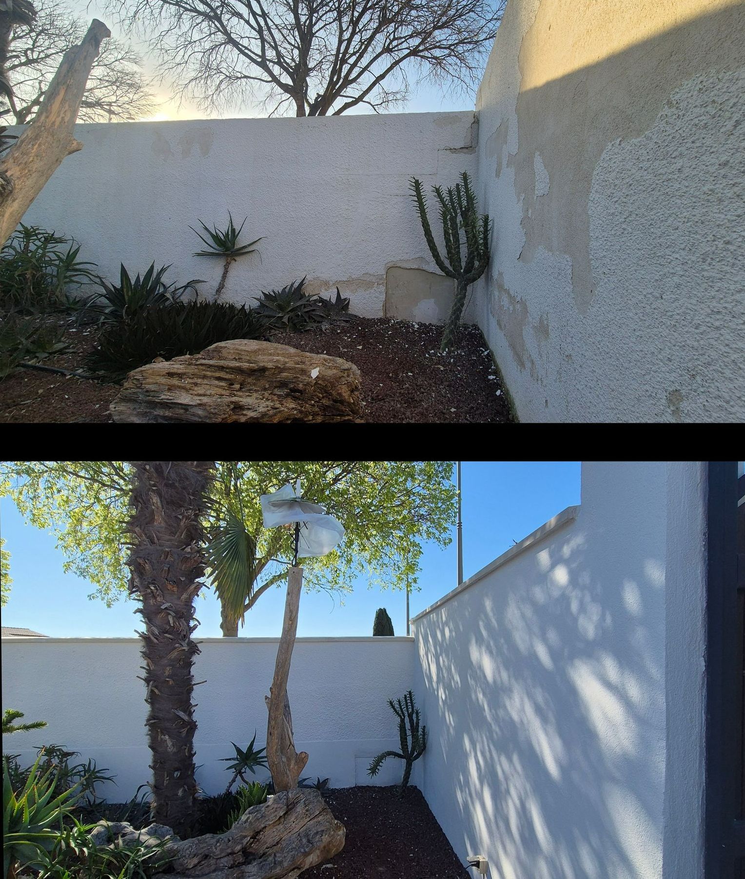 Avant/après d'une murette blanche dans un jardin 