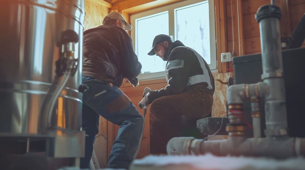 Zwei Männer arbeiten in einem Raum an einem Rohr.