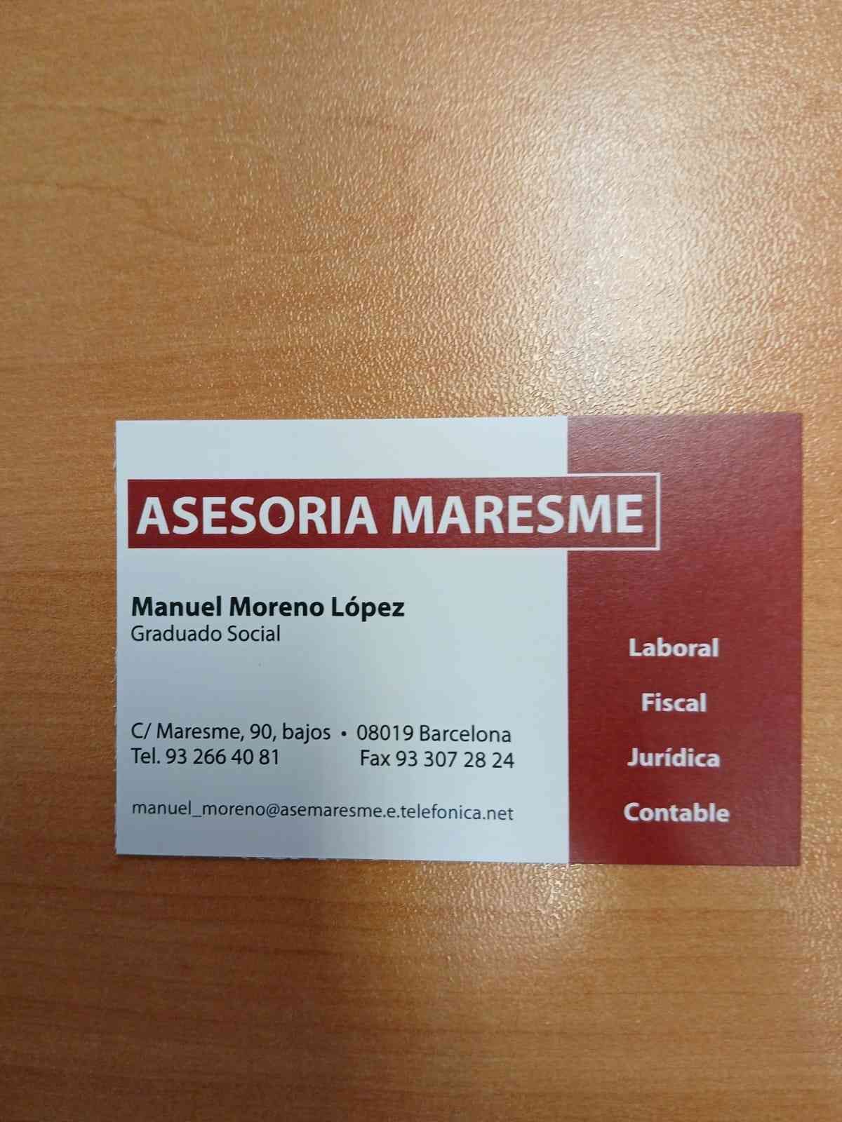 Tarjeta de presentación de Asesoría Maresme, con Manuel Moreno López, Graduado Social, con datos de contacto y servicios.