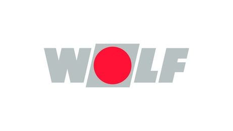 Logo für WOLF: Graue Buchstaben mit einem roten Kreis.